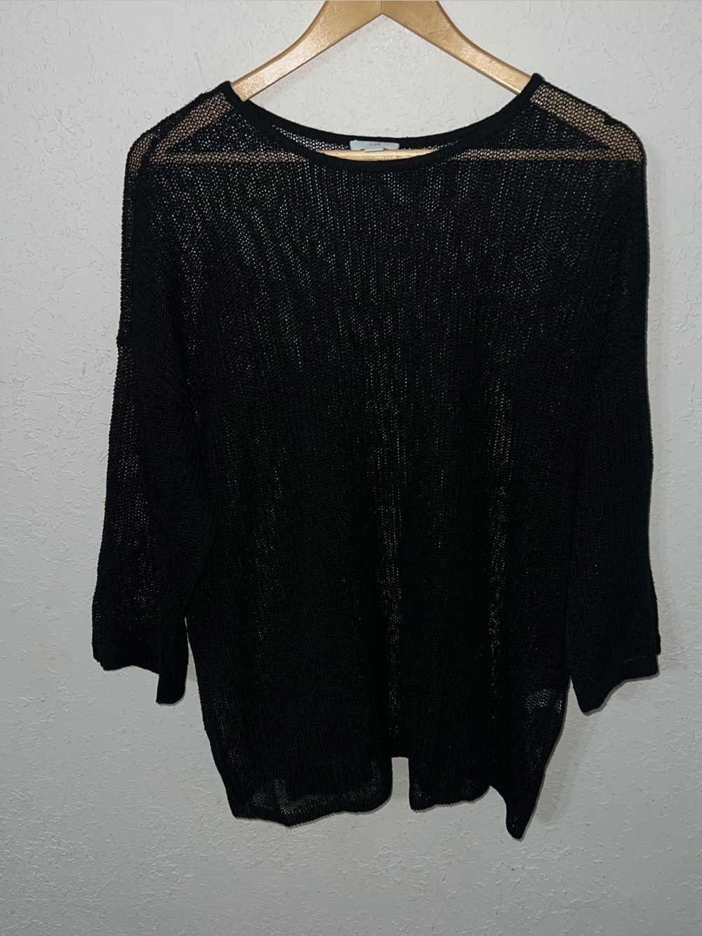 J Jill Womens Sweater Large Black Pullover Loose Knit 3/4 Notched Sleeve